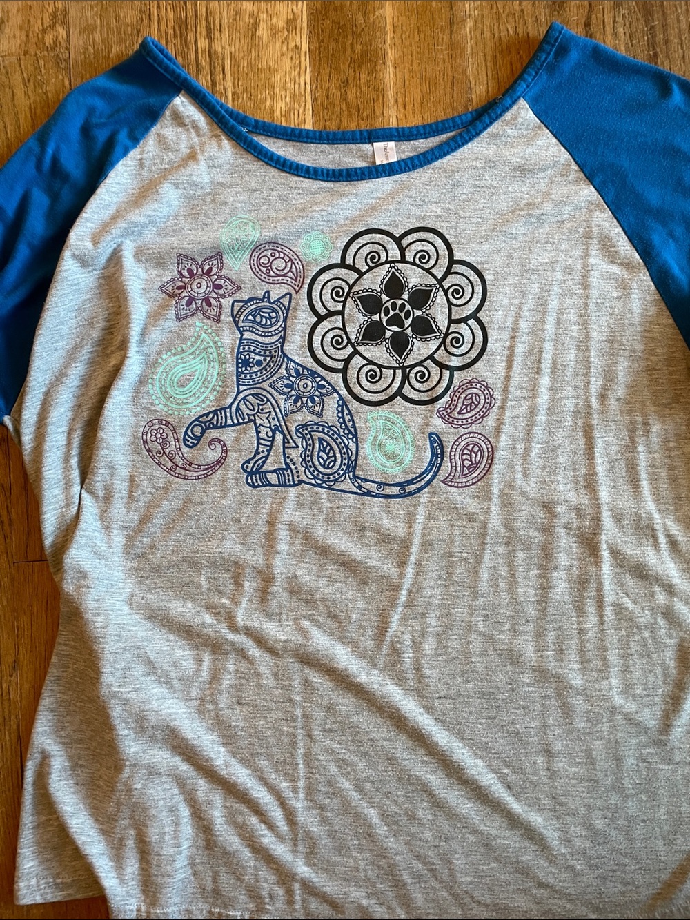 Women’s 1X Grey & Blue Raglan Top with Paisley Cat Graphic